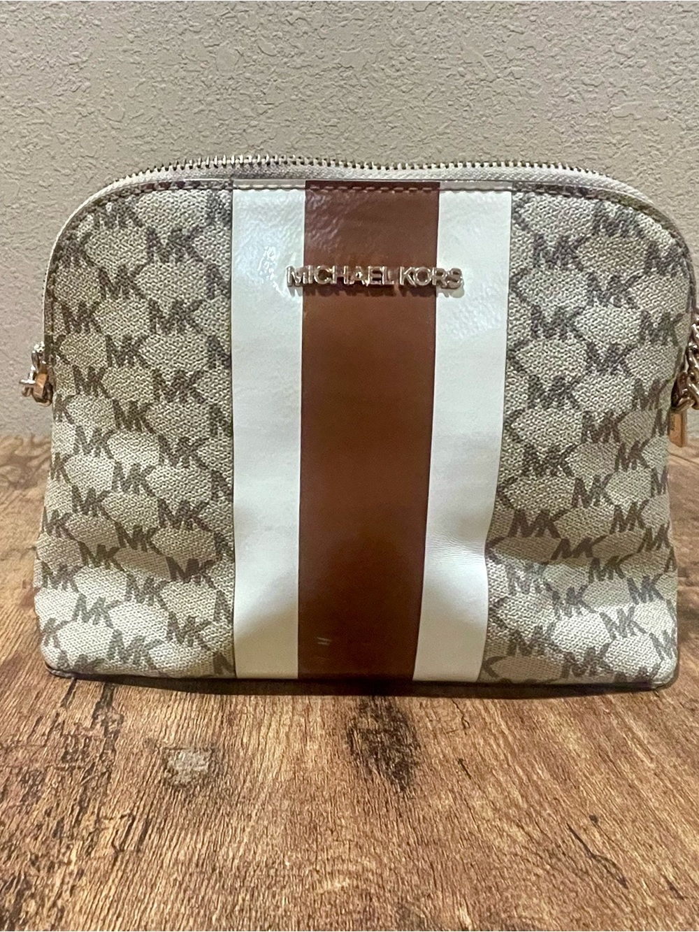 Michael Kors Brown and White MK Signature Crossbody Bag